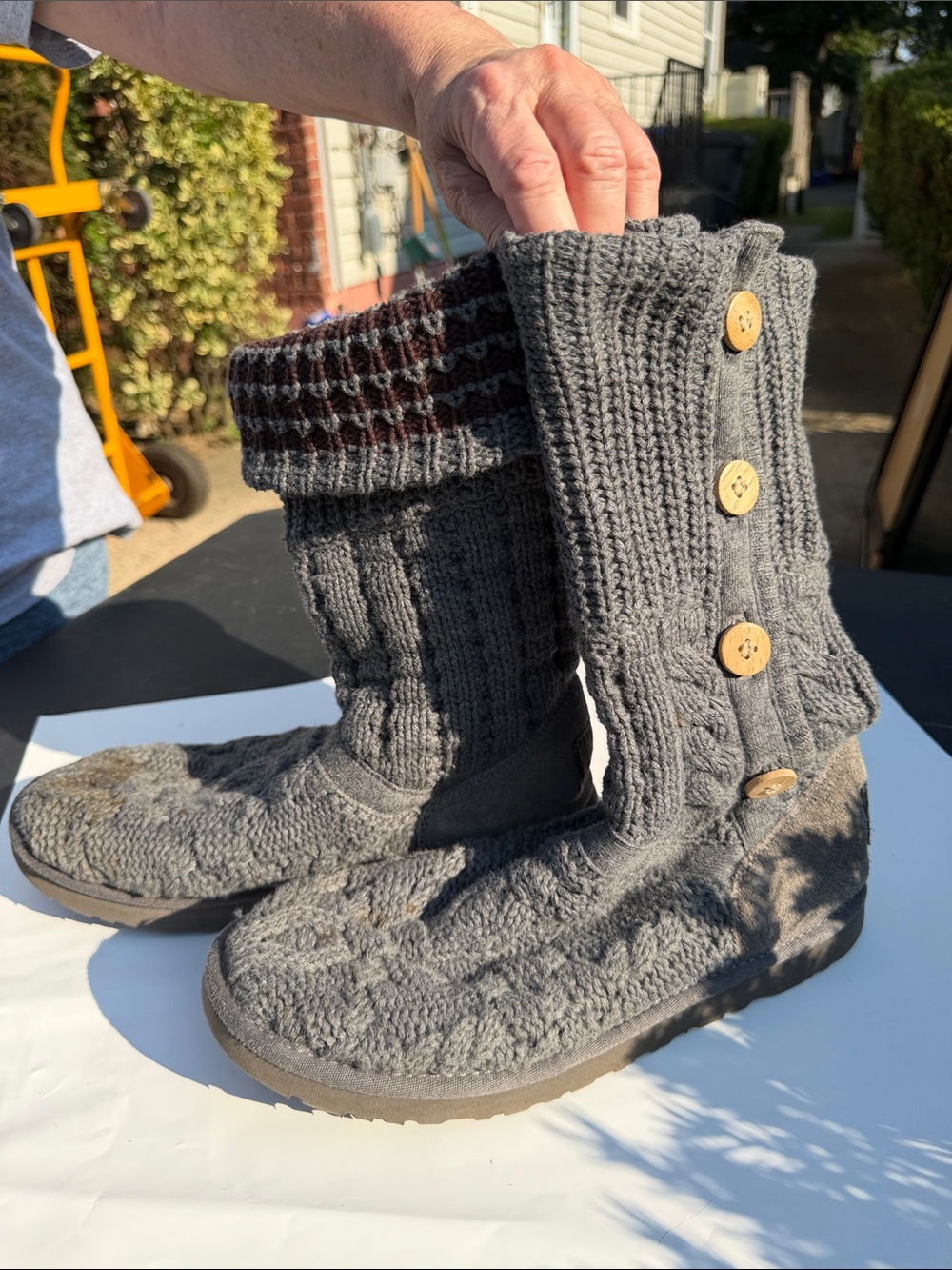 UGG Gray Knit Button Mid-Calf Winter Boots